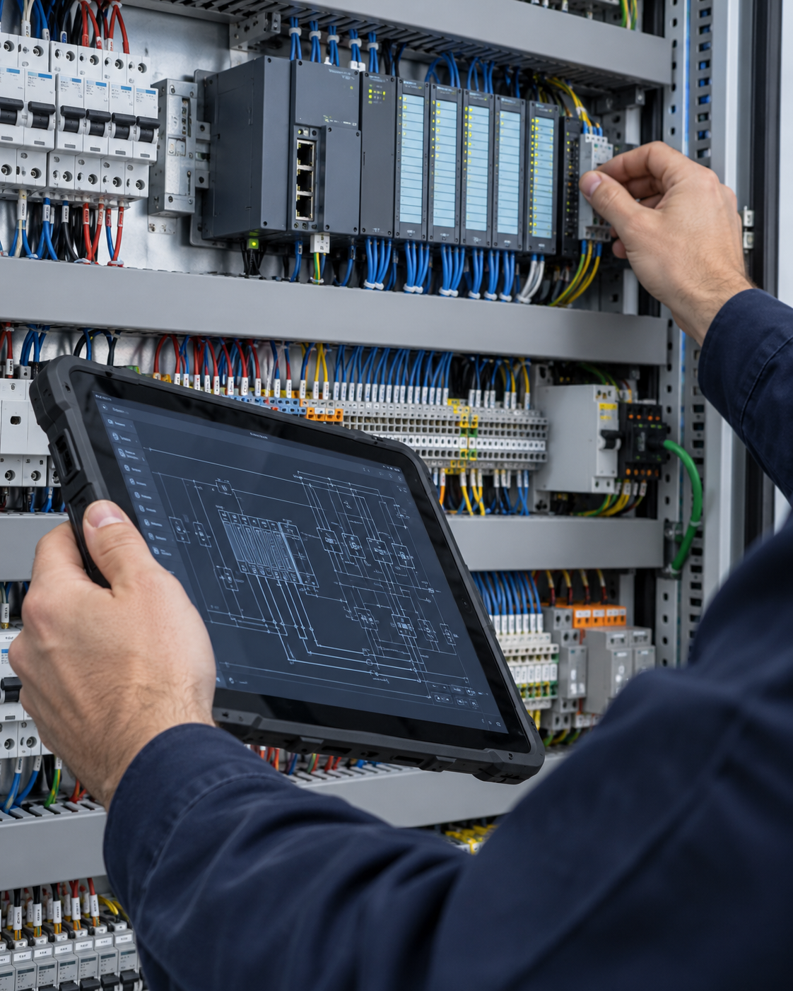 Imagem ilustrativa de técnico com tablet inspecionando um painel de automação industrial
